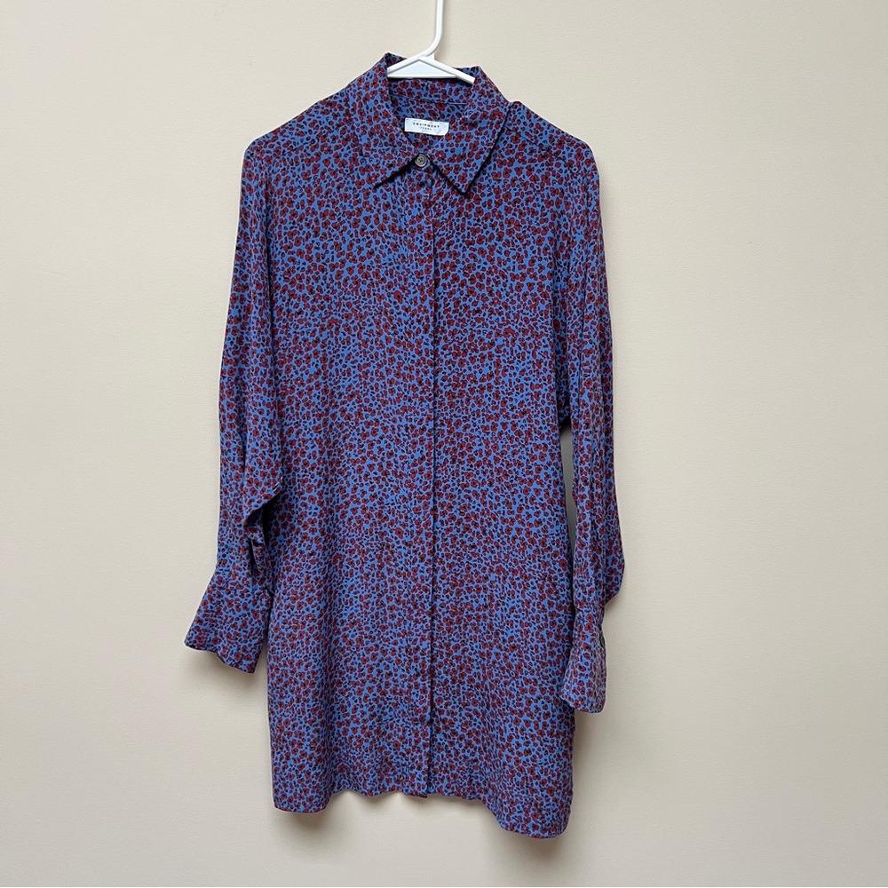 Blue and Red Patterned Long Sleeve Heavyweight Silk Shirt Dress